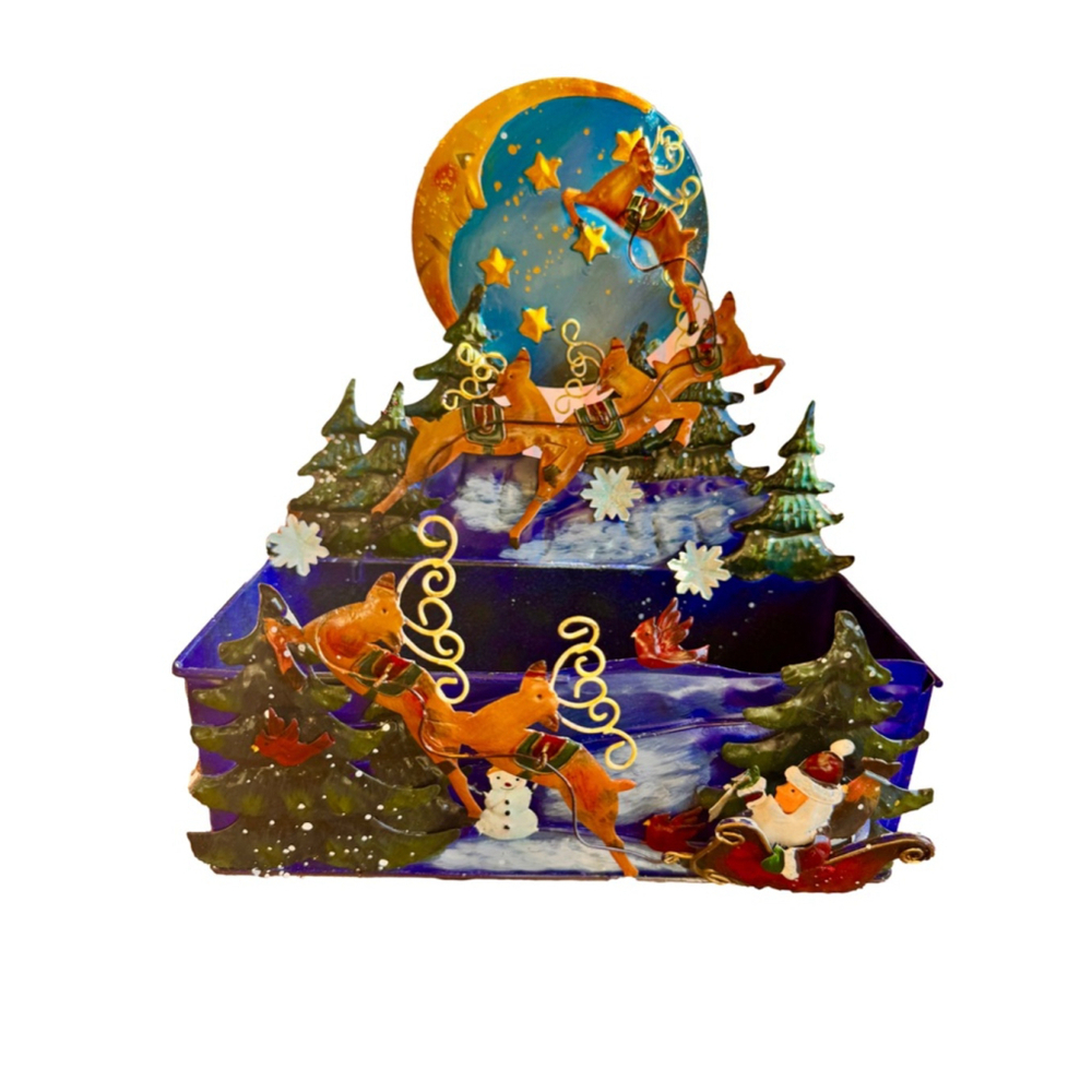 Vintage Metal Santa on his sleigh Christmas Card Holder with raised design.